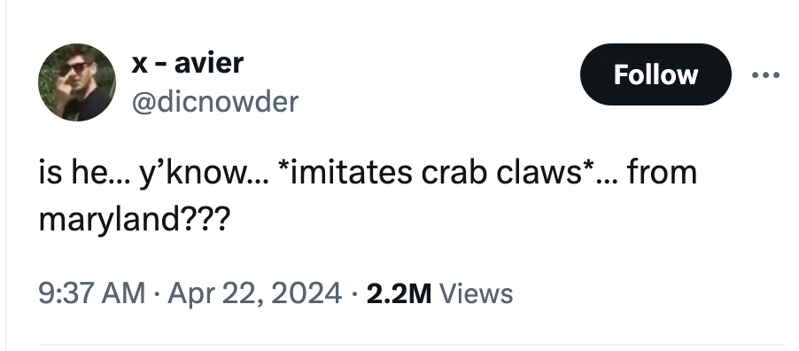 screenshot - x avier is he... y'know... imitates crab claws... from maryland??? 2.2M Views